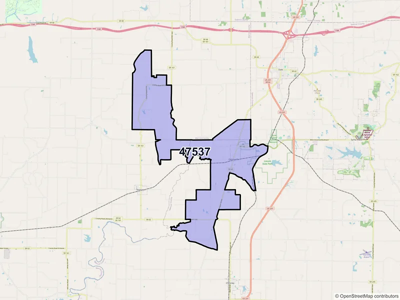 Map of ZIP Code 47537 — Gentryville, IN