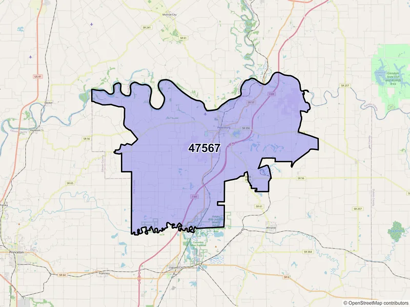 Map of ZIP Code 47567 — Petersburg, IN