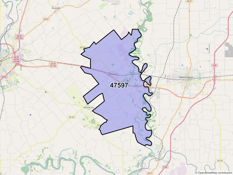 Map of Wheatland, Indiana and ZIP codes