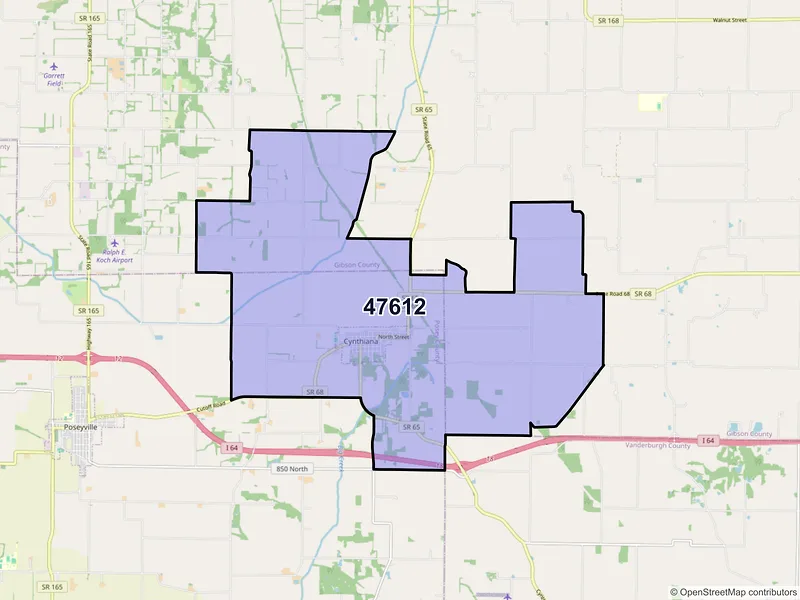 Map of ZIP Code 47612 — Cynthiana, IN