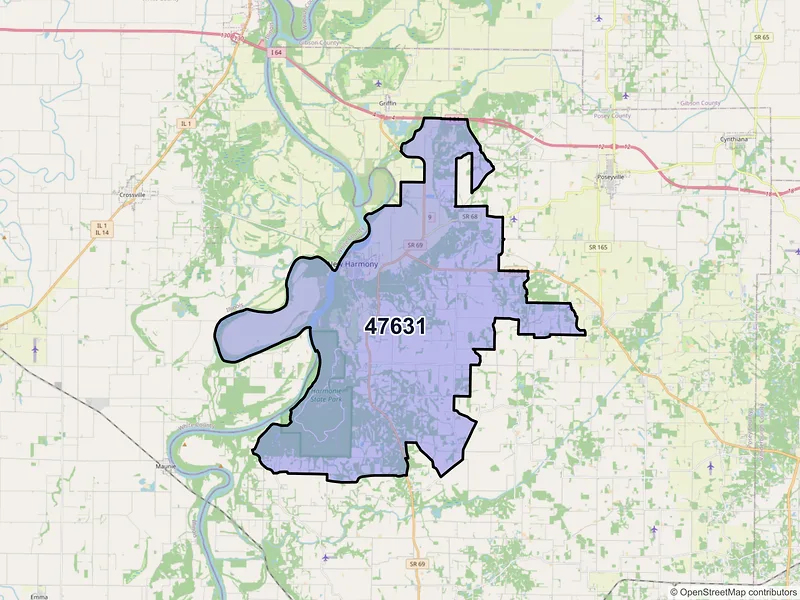 Map of ZIP Code 47631 — New Harmony, IN