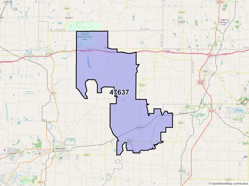 Map of ZIP Code 47637 — Tennyson, IN
