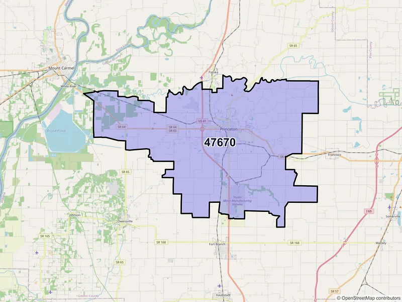 Map of ZIP Code 47670 — Princeton, IN