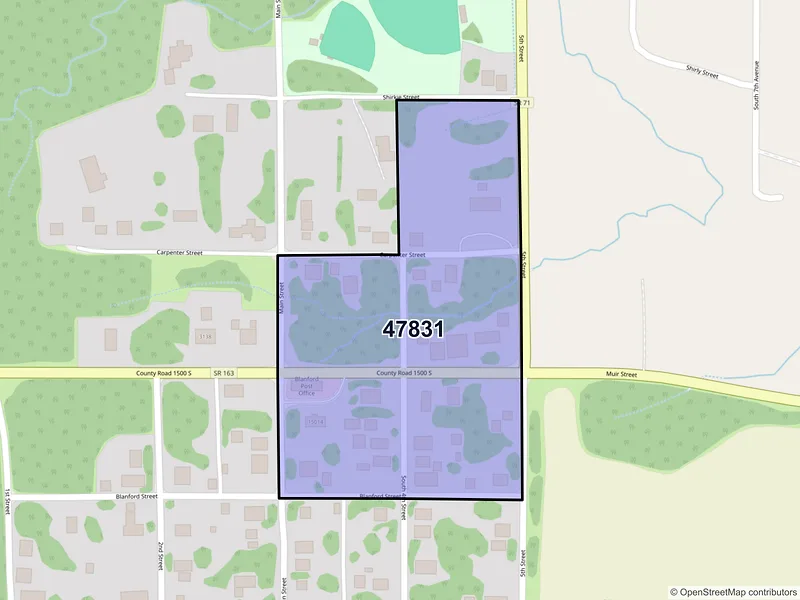 Map of Blanford, Indiana and ZIP codes