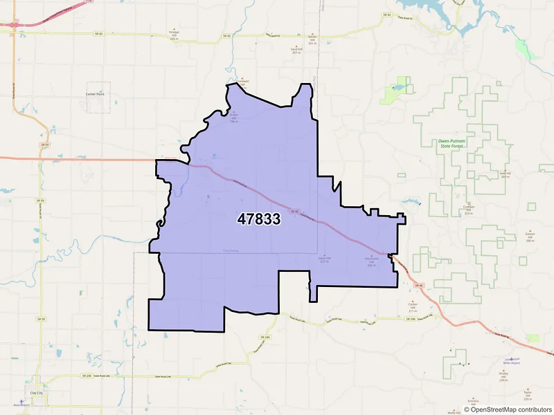 Map of Bowling Green, Indiana and ZIP codes