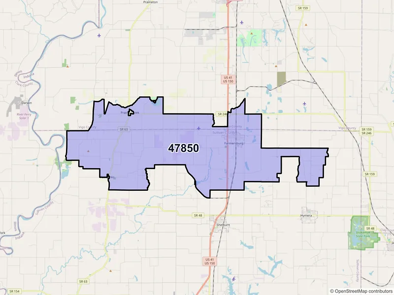 Map of Farmersburg, Indiana and ZIP codes