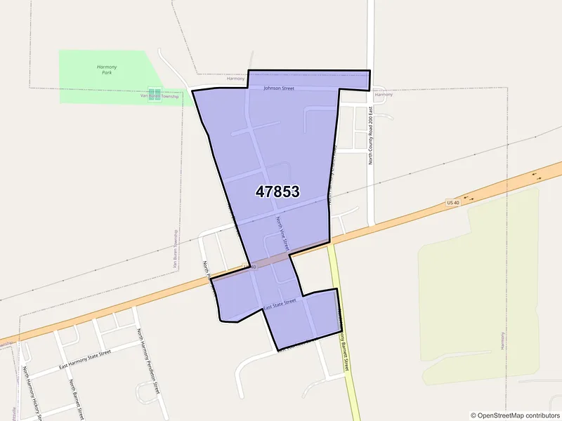 Map of Harmony, Indiana and ZIP codes