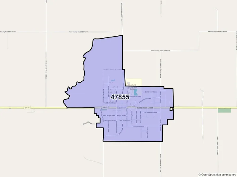 Map of Hymera, Indiana and ZIP codes