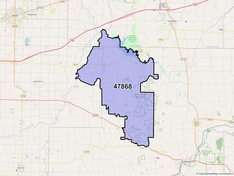 Map of Poland, Indiana and ZIP codes