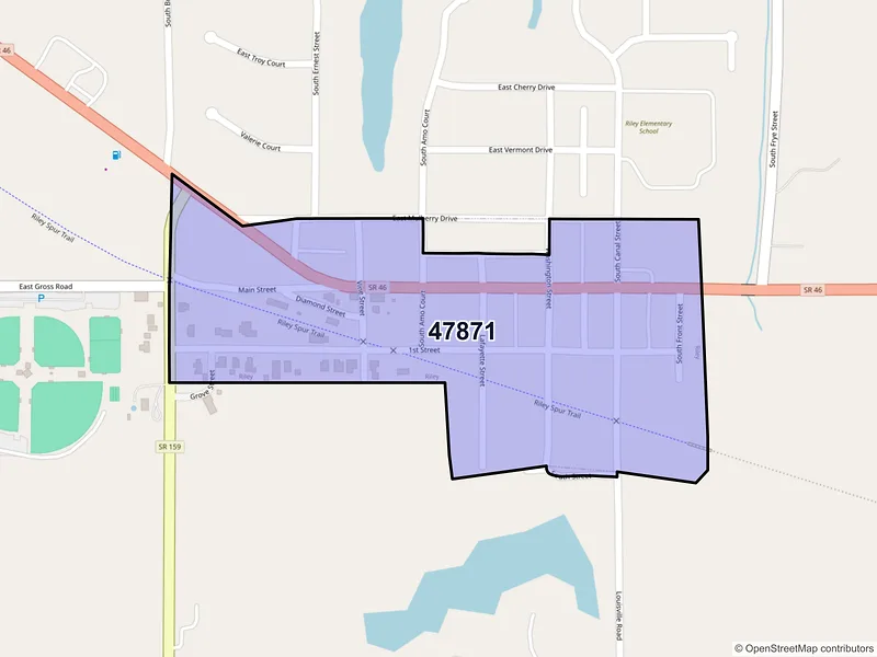 Map of Riley, Indiana and ZIP codes