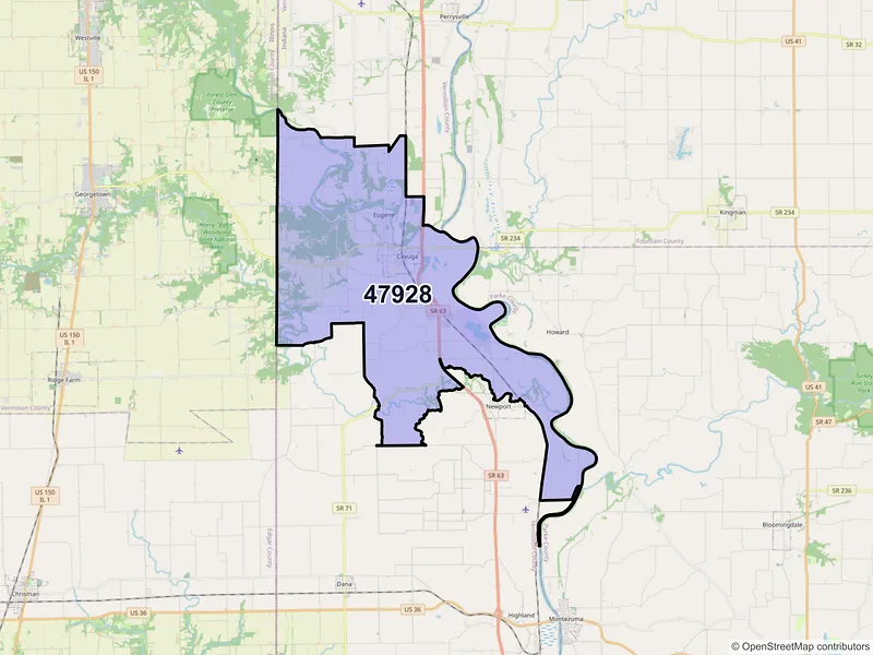 Map of Cayuga, Indiana and ZIP codes