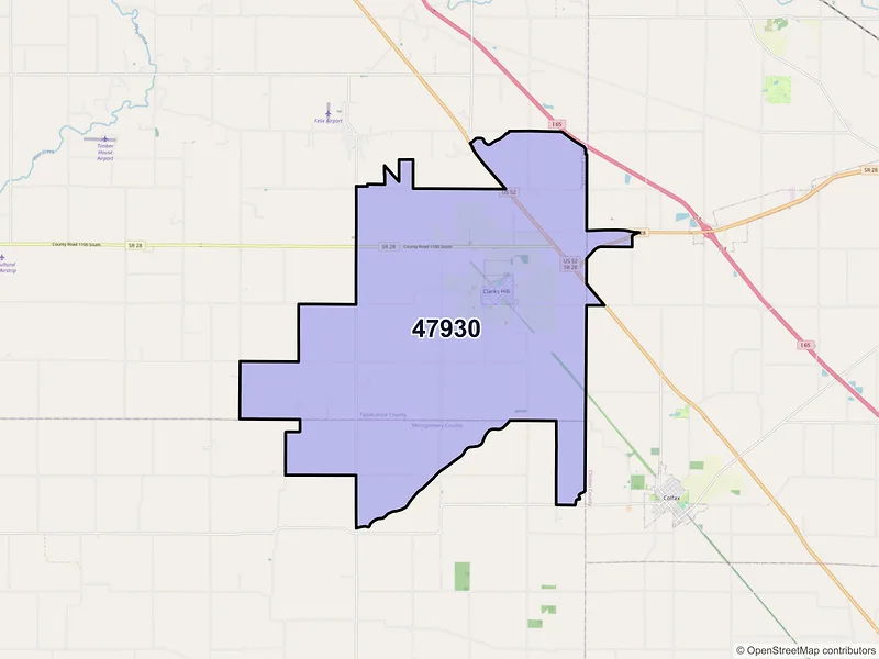 Map of ZIP Code 47930 — Clarks Hill, IN
