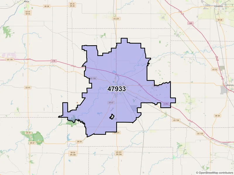 Map of ZIP Code 47933 — Crawfordsville, IN
