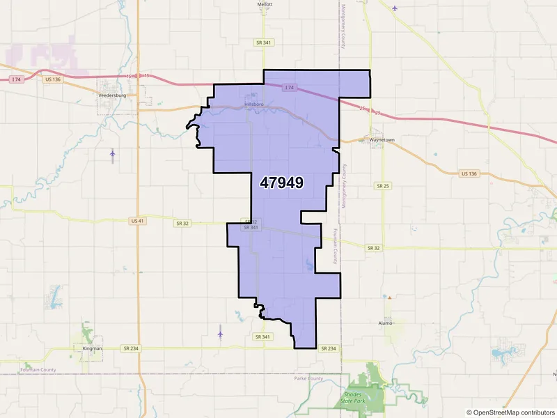Map of Hillsboro, Indiana and ZIP codes