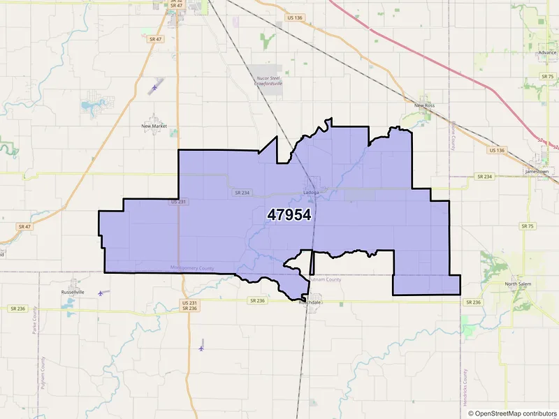 Map of ZIP Code 47954 — Ladoga, IN