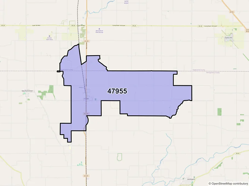 Map of ZIP Code 47955 — Linden, IN
