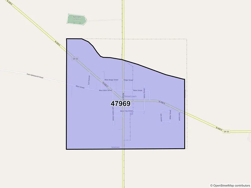 Map of Newtown, Indiana and ZIP codes