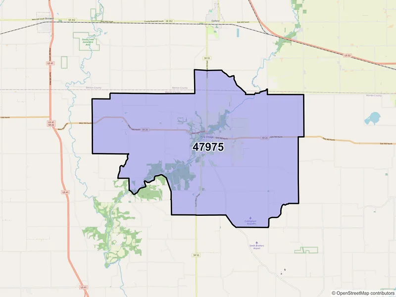 Map of ZIP Code 47975 — Pine Village, IN
