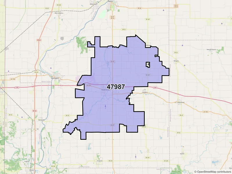 Map of Veedersburg, Indiana and ZIP codes