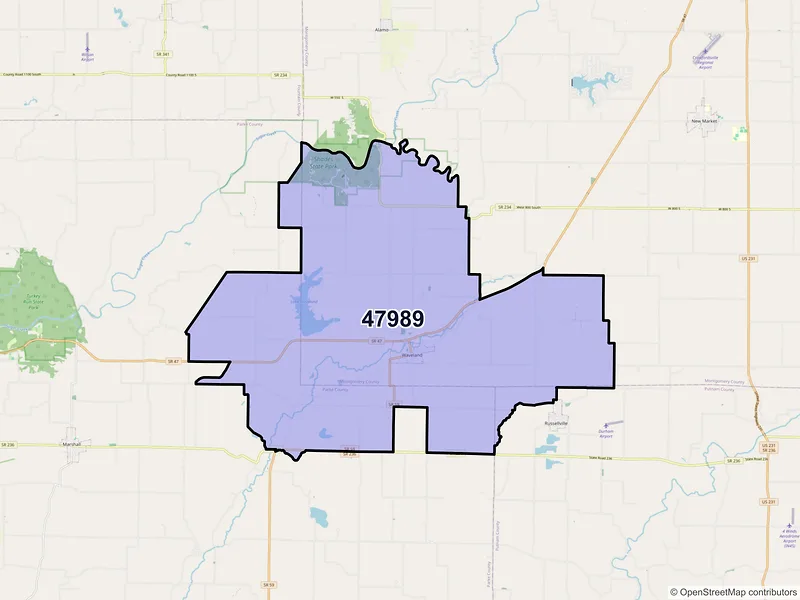 Map of ZIP Code 47989 — Waveland, IN