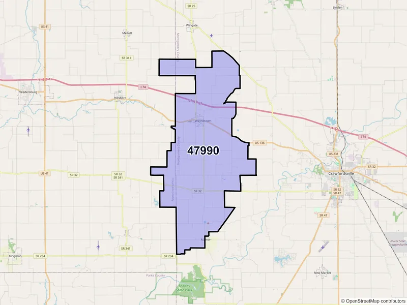 Map of ZIP Code 47990 — Waynetown, IN