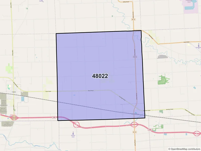 Map of Emmett, Michigan and ZIP codes
