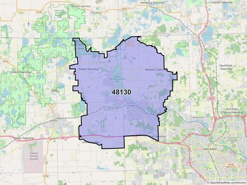 Map of Dexter, Michigan and ZIP codes