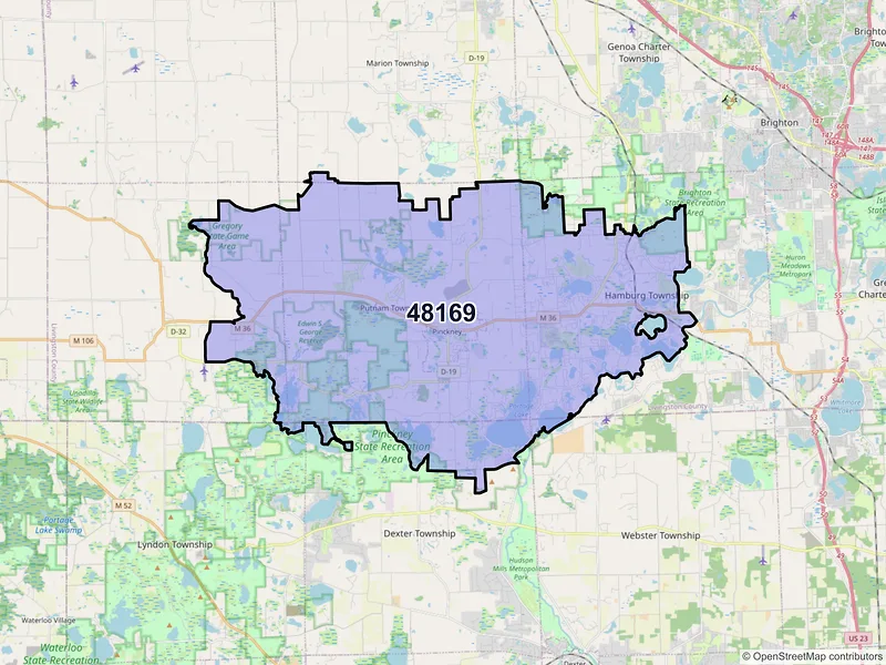 Map of Pinckney, Michigan and ZIP codes