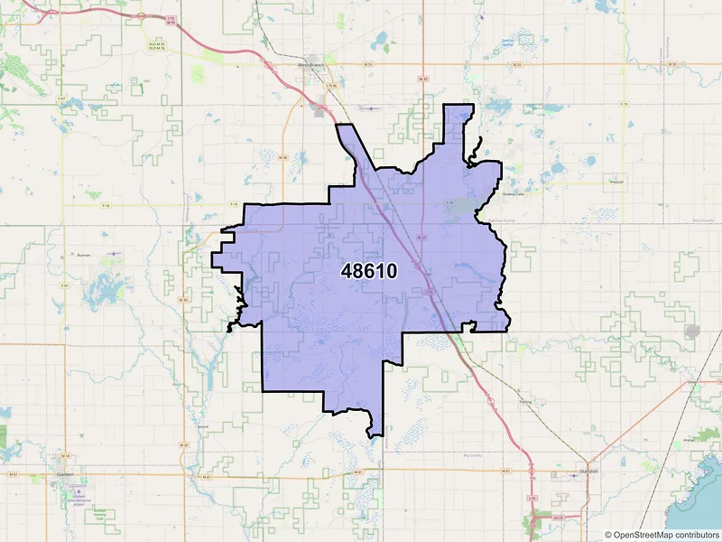 Map of Alger, Michigan and ZIP codes