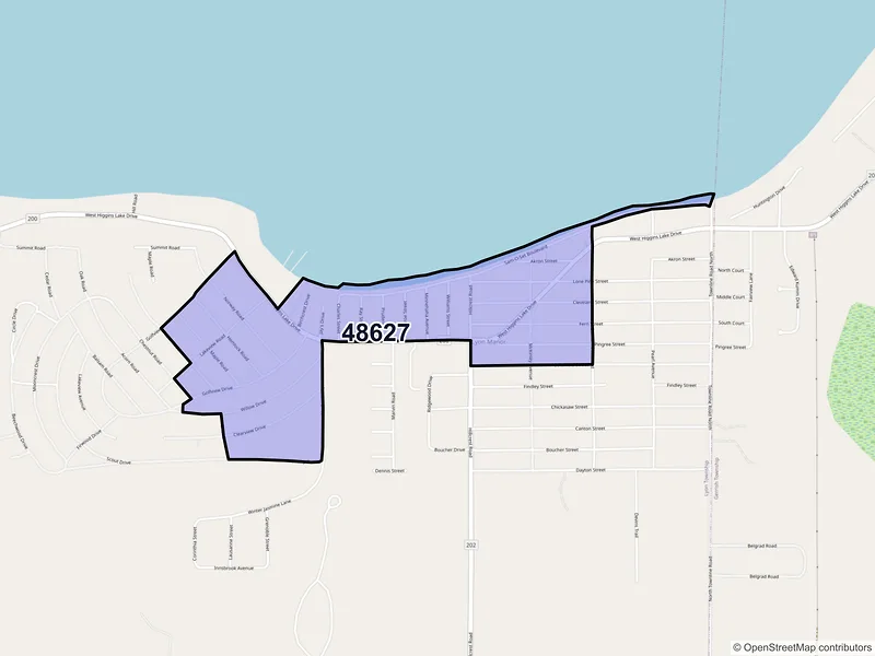 Map of Higgins Lake, Michigan and ZIP codes