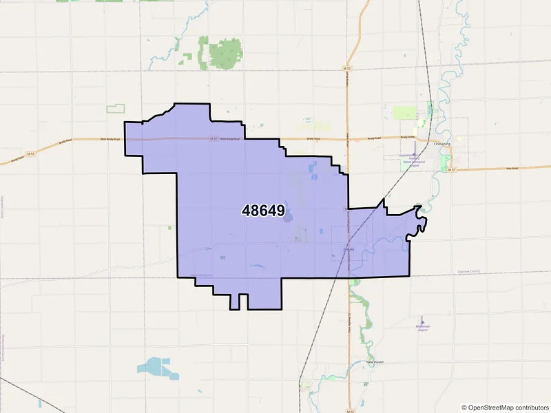 Map of Oakley, Michigan and ZIP codes