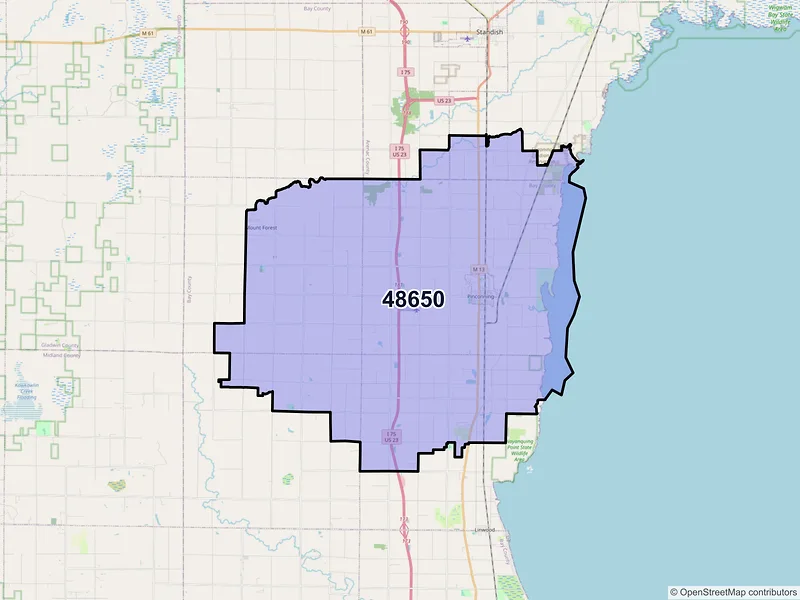 Map of Pinconning, Michigan and ZIP codes