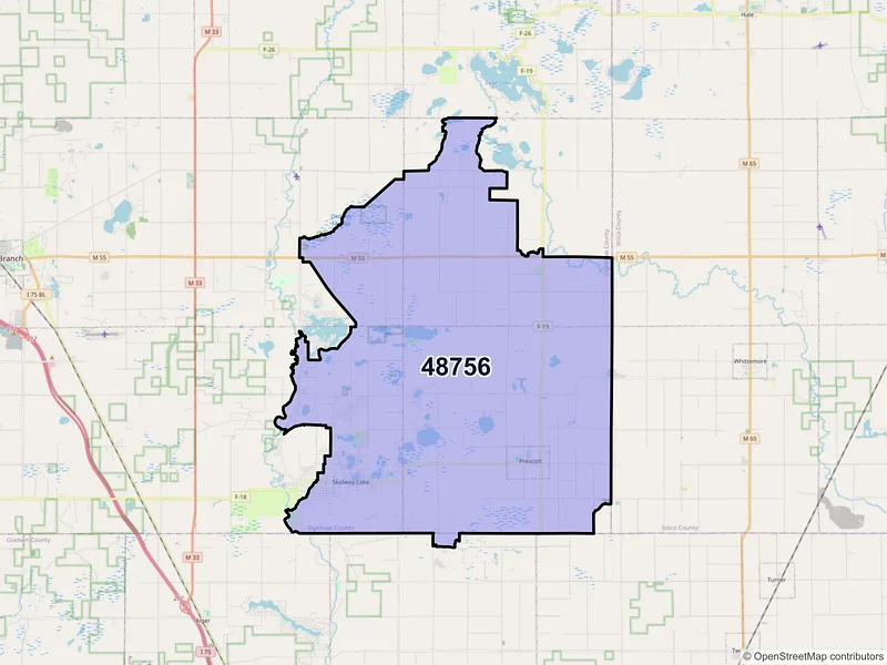 Map of Prescott, Michigan and ZIP codes