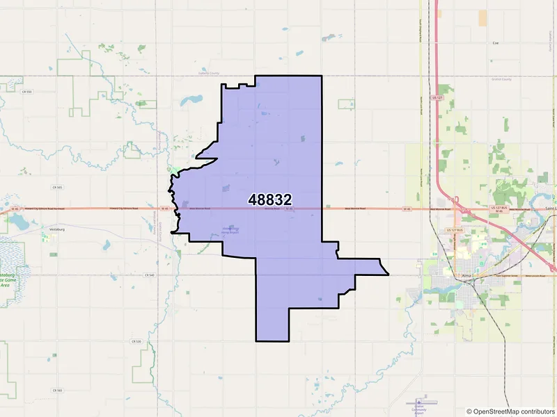 Map of ZIP Code 48832 — Elwell, MI