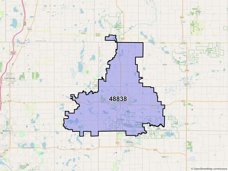 Map of Greenville, Michigan and ZIP codes