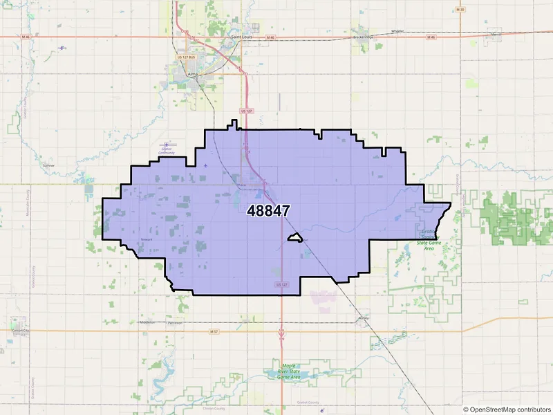 Map of ZIP Code 48847 — Ithaca, MI