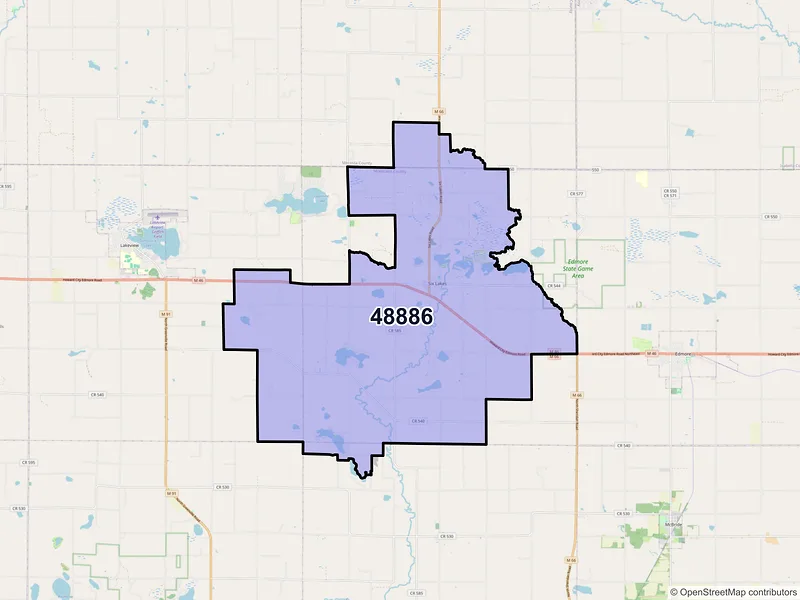 Map of ZIP Code 48886 — Six Lakes, MI