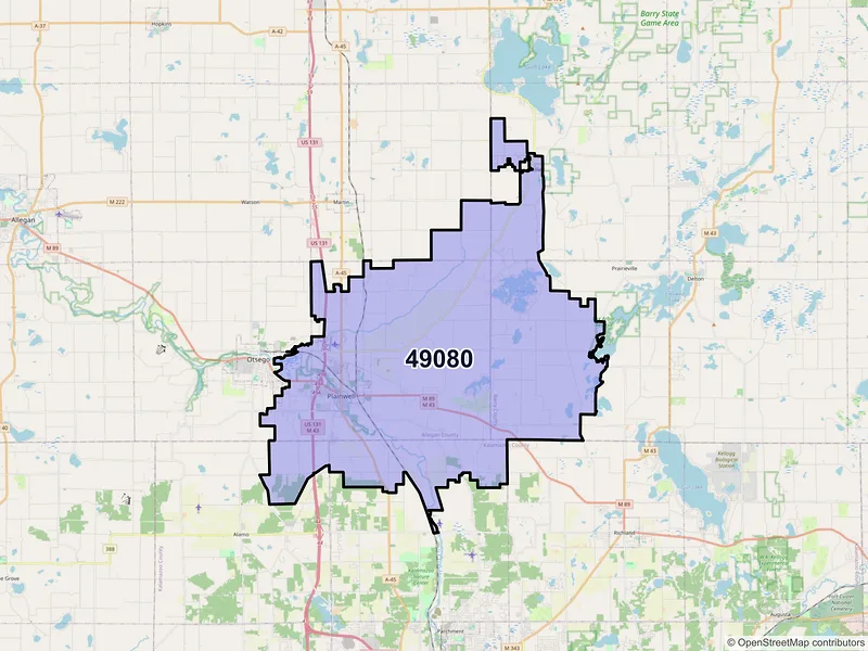Map of ZIP Code 49080 — Plainwell, MI
