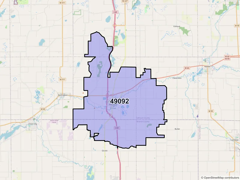 Map of ZIP Code 49092 — Tekonsha, MI