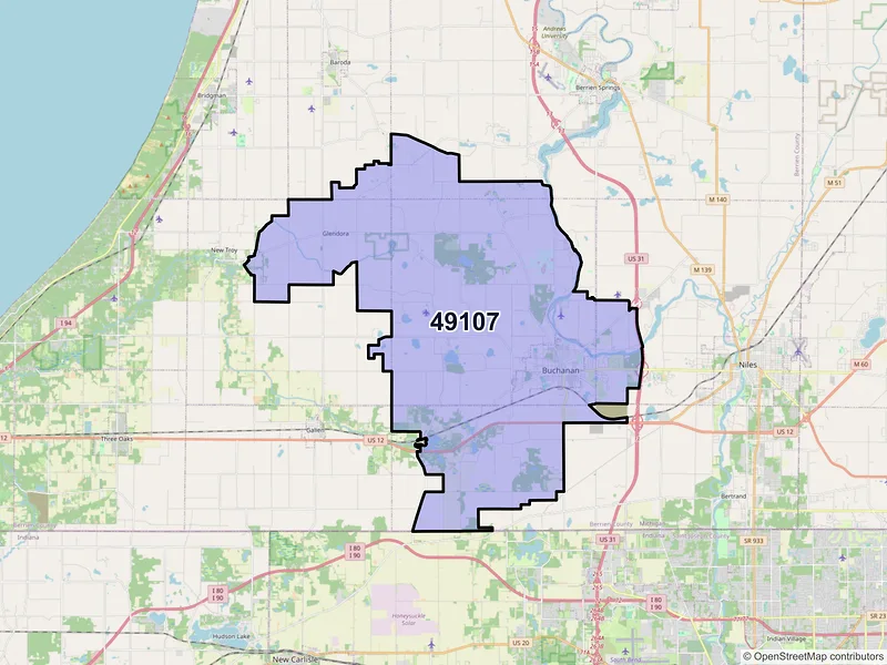 Map of Buchanan, Michigan and ZIP codes