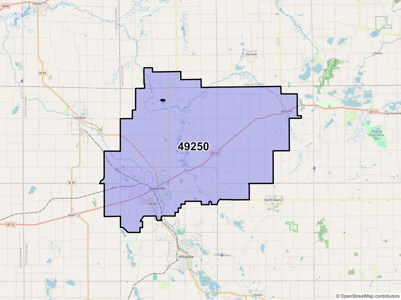 Map of ZIP Code 49250 — Jonesville, MI