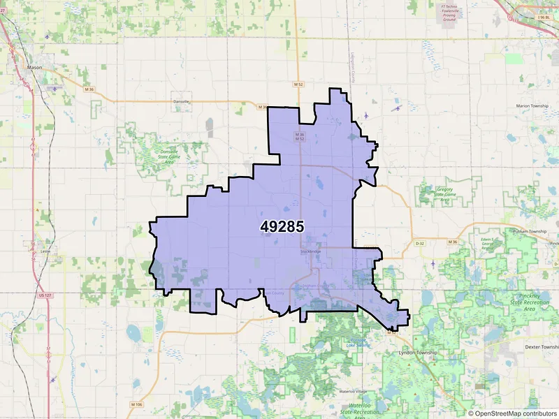 Map of Stockbridge, Michigan and ZIP codes
