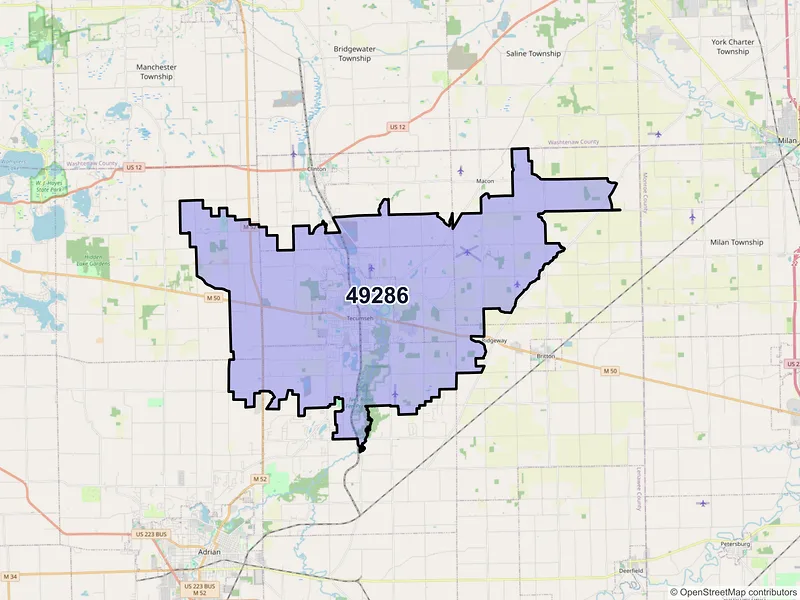 Map of ZIP Code 49286 — Tecumseh, MI