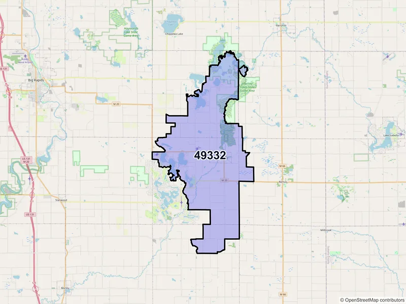 Map of ZIP Code 49332 — Mecosta, MI