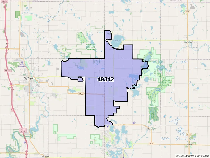 Map of ZIP Code 49342 — Rodney, MI