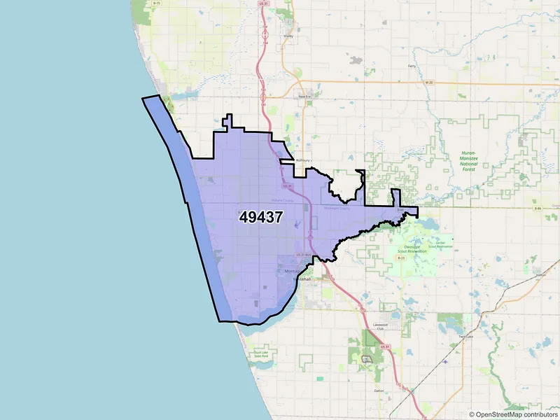 Map of Montague, Michigan and ZIP codes