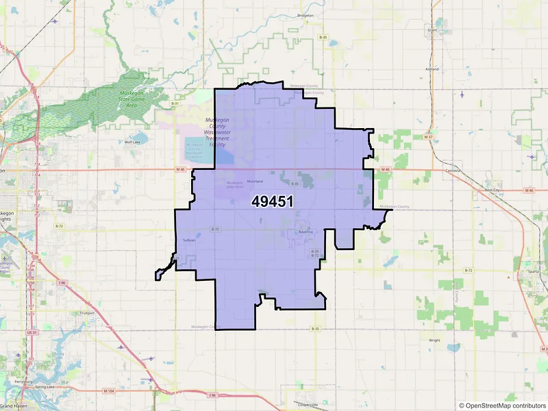 Map of Ravenna, Michigan and ZIP codes