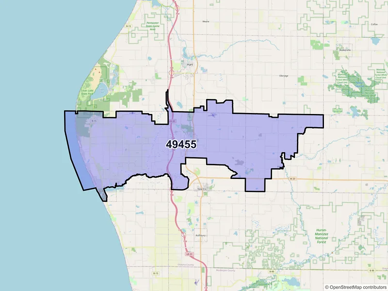 Map of Shelby, Michigan and ZIP codes