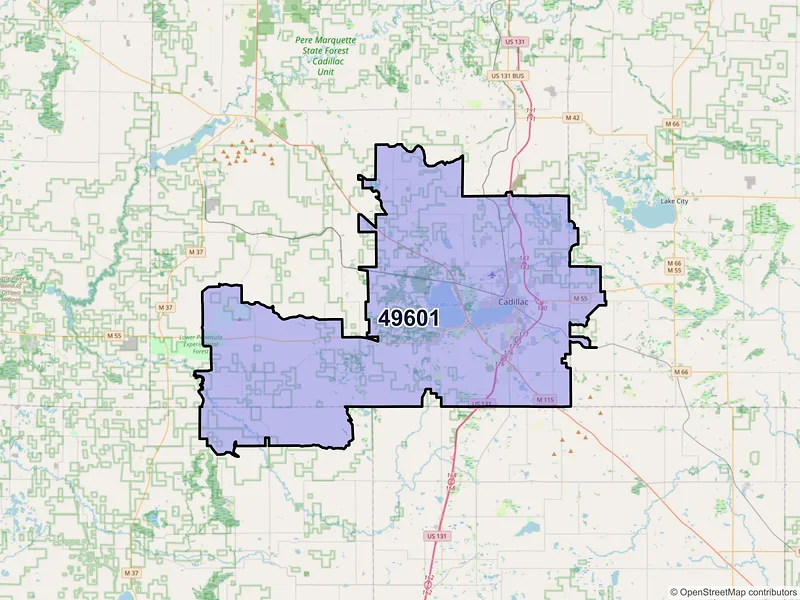 Map of Cadillac, Michigan and ZIP codes
