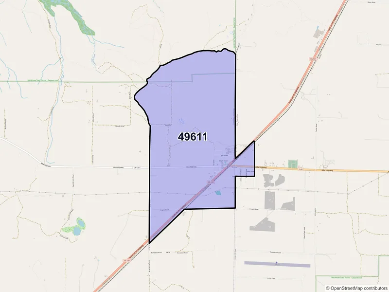 Map of Alba, Michigan and ZIP codes